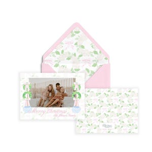 Watercolor Pink Topiary Christmas Photo Card, Instant Download, Chinoiserie Holiday Card, Digital Download, Watercolor Photo Christmas Card