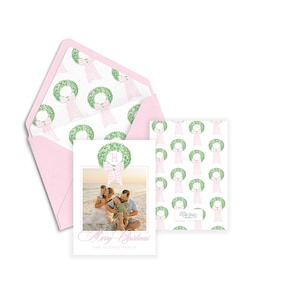 Pink Christmas Boxwoods, Watercolor Pink Christmas Tree Christmas Card with Bows, Digital Download, Printable Holiday Card, Vertical Photo