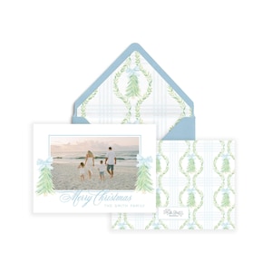 Blue Christmas Tree Christmas Photo Card, Watercolor Blue Christmas Tree with Bows, Digital Download, Printable Holiday Card, Vertical Photo