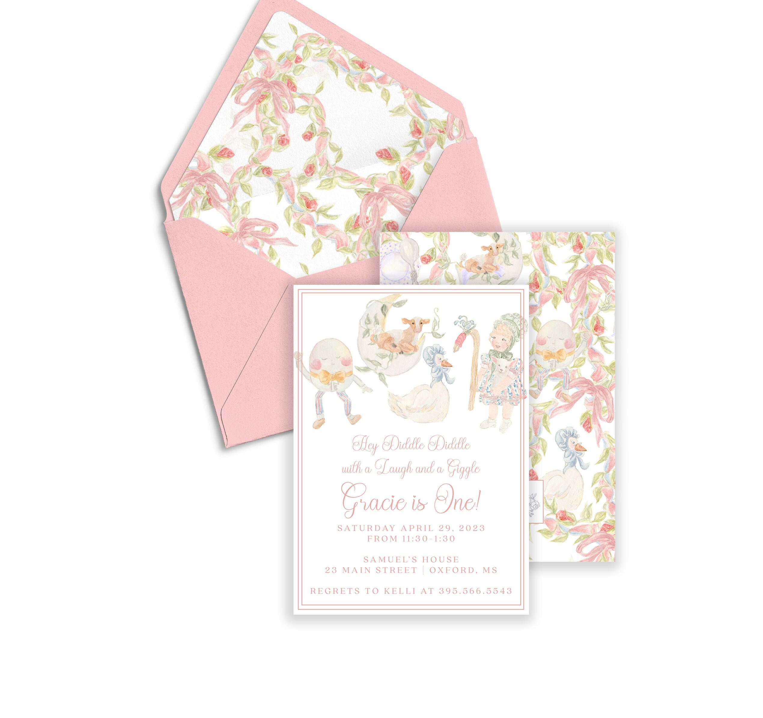 Gracie Watercolor Nursery Rhyme Invitation, Printable Invitation, Pink Nursery Rhyme Birthday, Mother Goose, Humpty Dumpty, Storybook