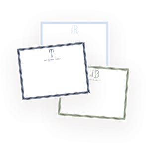 May include: Three personalized notepads with white paper and colored borders. One has a navy border with the letter "T" and "THE TALBOT FAMILY" text. Another has a light blue border with the initials "JR". The third has a green border with the initials "JB".