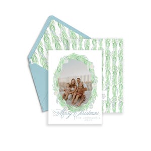 Oval Garland Printed Christmas Card, Xmas Card, Holiday Card, Watercolor Christmas Card, Family Christmas Card,Blue Printed Laurel, Garland