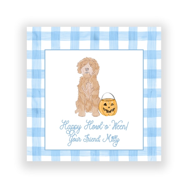 Gingham Pupp & Stripes Halloween Treat or Gift Tag, School or Classroom Halloween Tag, Watercolor Printed, Howl-o-Ween, Puppy Halloween, Kid