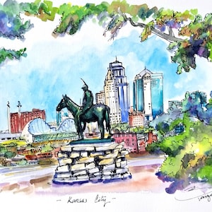 The Scout, Kansas City skyline. Penn Valley Park. Art print  Wall art from my original ink and watercolor sketch.