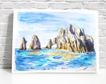 Los Cabos- Cabo San Lucas Mexico print, wall art from my original Ink and watercolor painting.