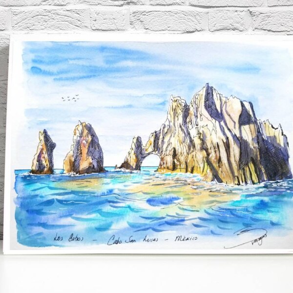 Los Cabos- Cabo San Lucas Mexico print, wall art from my original Ink and watercolor painting.