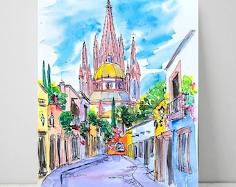 San Miguel de Allende Art Print from original ink and watercolor painting from Guanajuato, Mexico Art Print by Liz Vargas