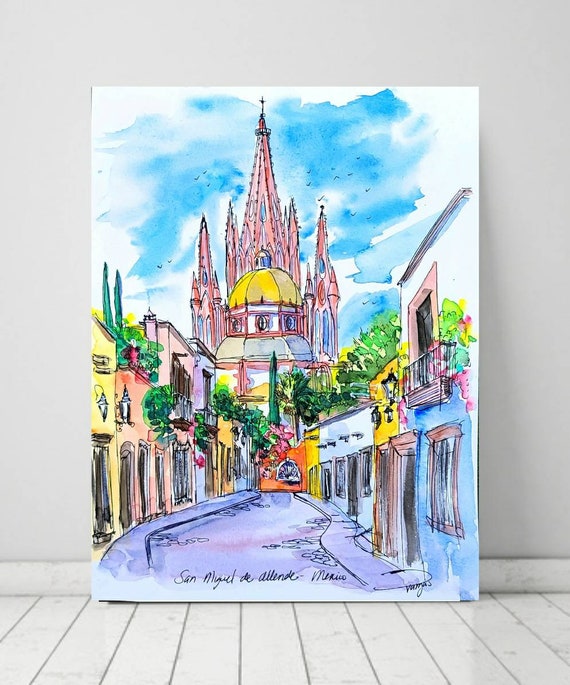Impresión artística de San Miguel de Allende a partir de pintura original  en tinta y acuarela de Guanajuato, México Impresión artística de Liz Vargas