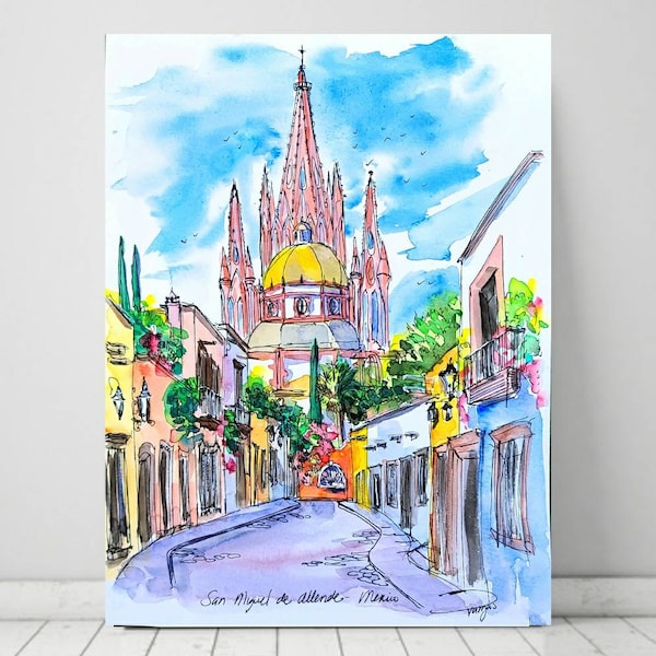 Lámina de San Miguel de Allende de pintura original en tinta y acuarela de Guanajuato, México Lámina de Liz Vargas