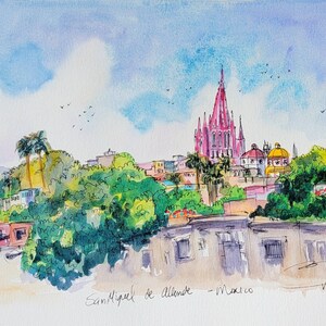 Horizonte de San Miguel de Allende original. Pintura de tinta y acuarela de San Miguel 9x12 Guanajuato, México por Liz Vargas