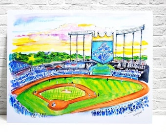 Impressão artística em aquarela do Estádio Kauffman, time de beisebol Kansas City Royals.