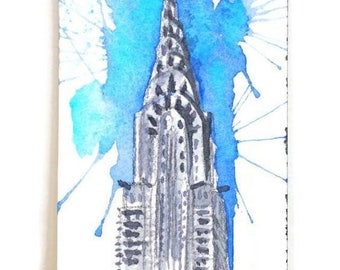 Chrysler building, New York City. Original miniature watercolor painting. 3.5"x2" aprox