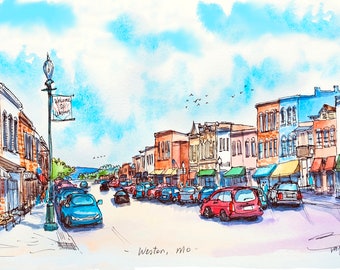 Art PRINT from Weston Main Street. Watercolor art print Weston from original Ink and watercolor painting. By Liz Vargas