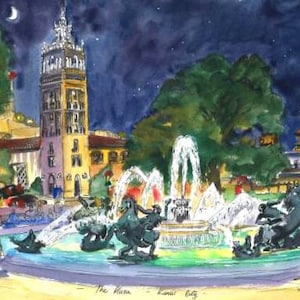 The Plaza Fountain at night. The moon and stars. Art print from my original Ink and watercolor painting. Wall art