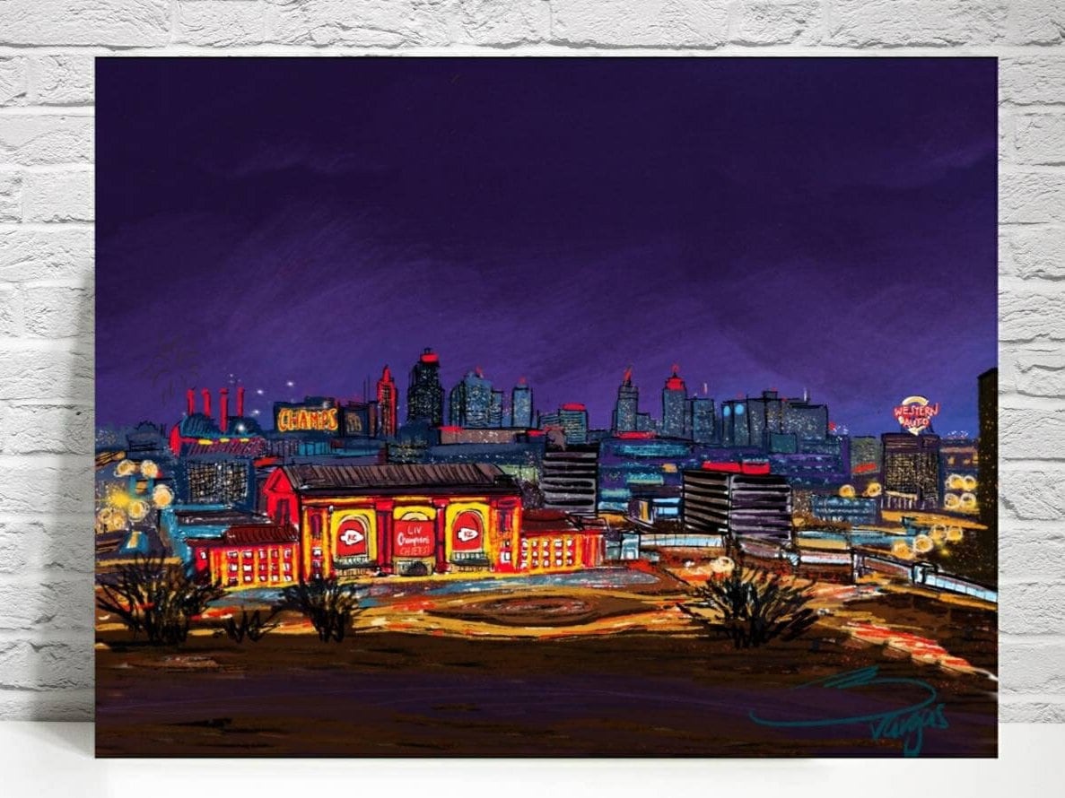 Kansas City at night  football. Union Station. KC skyline. Art Print. View from the memorial. By Liz Vargas