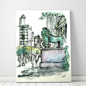 Art Institute of Chicago with Lions on Michigan Ave. Print from my original Ink and watercolor painting/sketch. Created by Liz Vargas