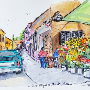 Calle San Miguel de Allende con vendedora de flores. Arte de pared original de 9x12