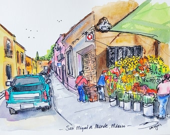 San Miguel de Allende Street with Flower vendor. Original 9x12 Wall art