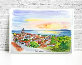 Puerto Vallarta, Mexico. Art Print from my original ink and watercolor painting. Wall art