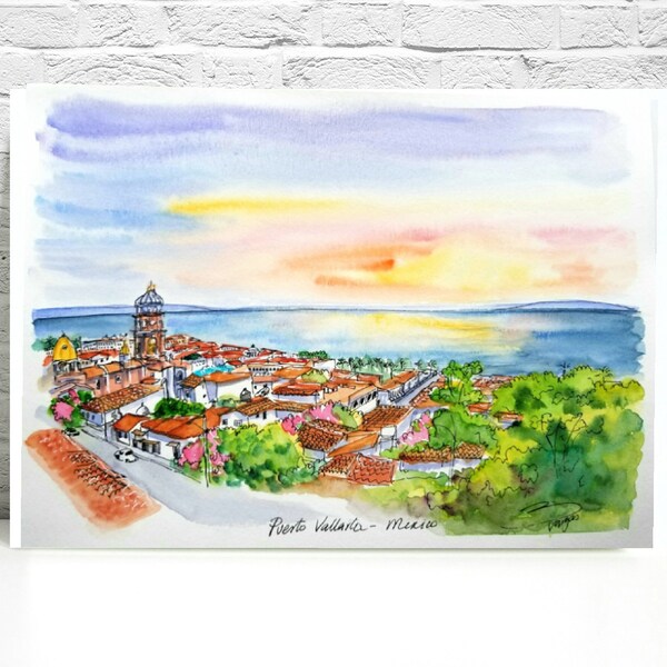 Puerto Vallarta, Mexico. Art Print from my original ink and watercolor painting. Wall art