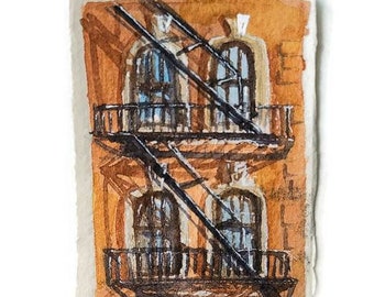 New York City art watercolor. Fire escape stairs. NYC Fire Escapes   New York City. NYC watercolor. Original painting. 2.2"x3.2" aprox