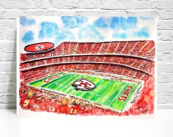 Kansas City Arrowhead stadium. Football. Art Print. From my original ink and watercolor sketch