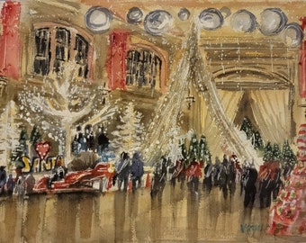 Kansas City Union Station. Christmas reflections. Print from my original watercolor painting en plein air.