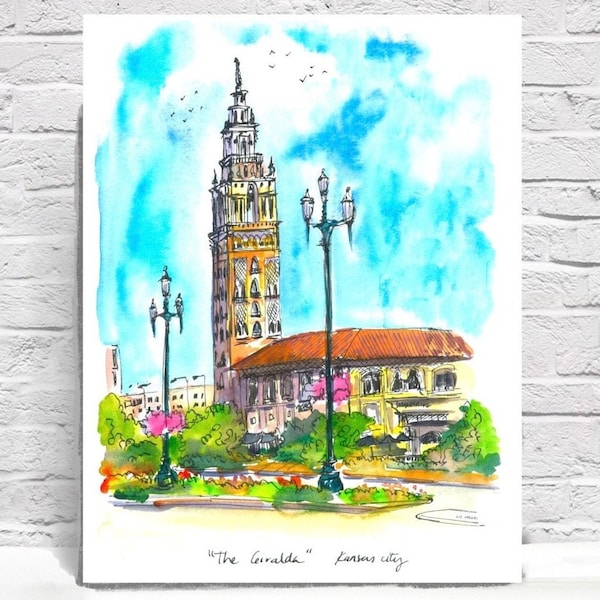 Druck von meinem Originalgemälde des Giralda Tower im Country Club Plaza Kansas City MO. Tinte und Aquarell