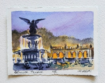 Bethesda Fountain, Central Park, NY. New York art. At night.  Original watercolor painting. 4"x3"