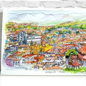 Guanajuato, Mexico. Guanajuato Painting. Art print. Guanajuato University, Pipila from my original Ink and watercolor painting by Liz Vargas