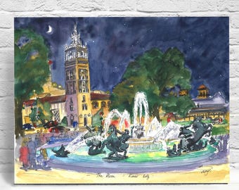 Impresión artística de la noche de la fuente de la plaza, pintura original en tinta y acuarela