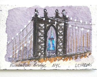 Manhattan Bridge with Empire State building at night. Nocturne . Original miniature watercolor painting. 2"x3"