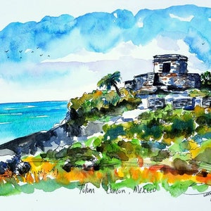 Mexico Tulum Mayan Ruins Cancun Mexico. Urban Sketch art Print, art wall, style Ink and watercolor painting. Created by Liz Vargas