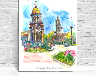 Print from my original Painting of Country Club Plaza Kansas City MO. Ink and Watercolor