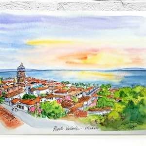 Porto Vallarta, Mexiko. Kunstdruck von meinem original Tusche- und Aquarellbild. Wandkunst