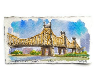 New York City Art watercolor.  Queensboro bridge. New York City. Original miniature watercolor painting. 2.5"x4.5" aprox