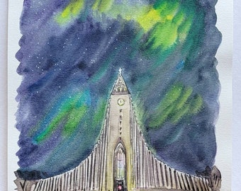 Iceland,  Reykjavík 9"x12". Original ink and watercolor painting. Sketch of Hallgrímskirkja church, street view at night, northern lights