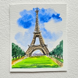Miniature Watercolor Painting of Paris, France, eiffel tower, view from the gardens  wall art- 3&quot;x3.5&quot;