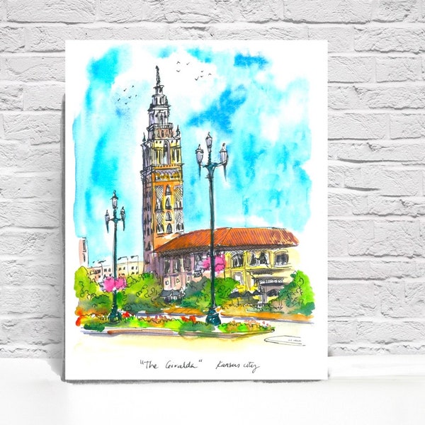 Print from my original Painting of The Giralda Tower at Country Club Plaza Kansas City MO. Ink and Watercolor