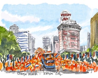 Marcha naranja. Países Bajos Kansas City sede de la Copa Mundial de Fútbol de la Ciudad 2026 impresión artística para pared. Western Auto