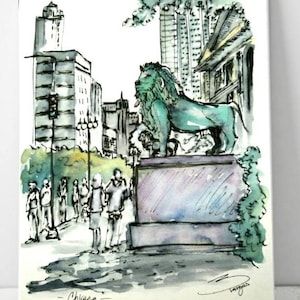 Art Institute of Chicago mit Lions auf der Gibralburg Ave. Druck von meiner original Skizze/mit Tusche auf Aquarellpapier. Von Liz Vargas kreiert