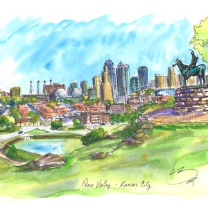 Kansas City The Scout sculpture. Skyline Pen Valley sculpture with skyline. Wall art. Art print.  From my original ink and watercolor sketch