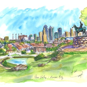 Kansas City The Scout Skulptur. "Skyline Pen Valley Skulptur ""Skyline""" Wandkunst. Kunstdruck. Nach meiner ursprünglichen Tusche- und Aquarellskizze