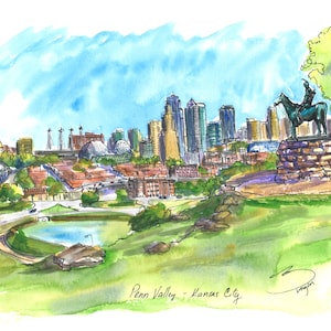 Kansas City The Scout sculpture. Skyline Pen Valley sculpture with skyline. Wall art. Art print.  From my original ink and watercolor sketch