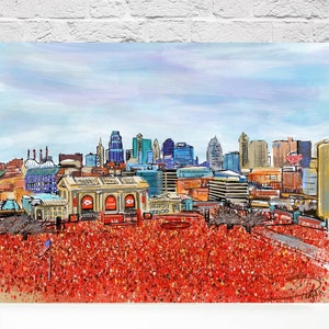 Kansas City  Champions football. Parade. Sea of red Championship. Superbowl winners. Union Station. Kansas city skyline. Art Print.