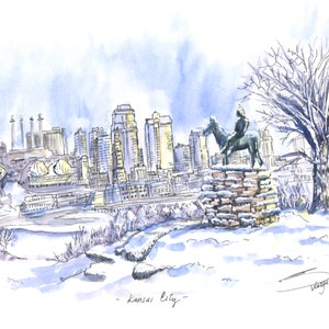 Kansas City skyline Pen Valley sculpture with skyline on winter. Art print. Wall art. Snow landscape. The Scout.