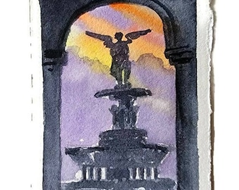 Bethesda Fountain, Central Park, NY. Sunset.  Original watercolor painting. 4"x3"