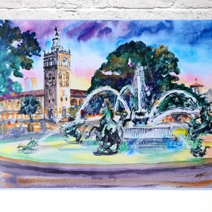 Kansas City The Plaza Fountain sunset. Art print from my original Ink and watercolor painting. Wall art