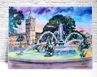 Kansas City The Plaza Fountain sunset. Art print from my original Ink and watercolor painting. Wall art