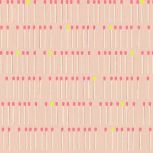 May include: A pattern of matches with pink heads and white stems, interspersed with a few matches with yellow heads, against a light pink background. The matches are arranged in neat rows and columns, creating a visually appealing design.